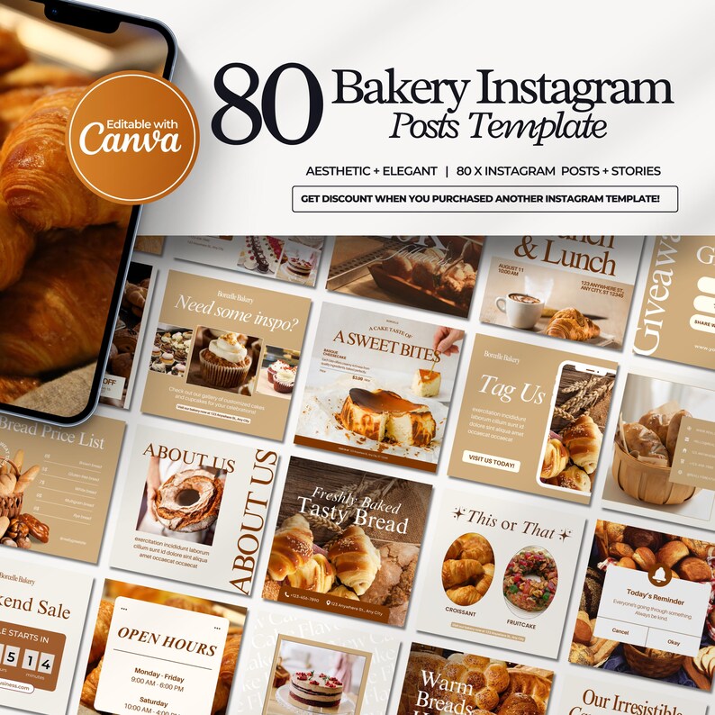 Editable bakery Instagram templates featuring cake posts, bakery menus, food photography, promotional carousels, Facebook and Instagram ads, and professional Canva designs for bakeries, cake shops, and food bloggers.