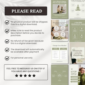 May include: A digital download product with a green and white color scheme. The text "PLEASE READ" is at the top of the image. The image includes a checklist with five checkmarks and text describing the product as a digital download. The image also includes several smaller images with text about mindfulness, meditation, and gratitude.