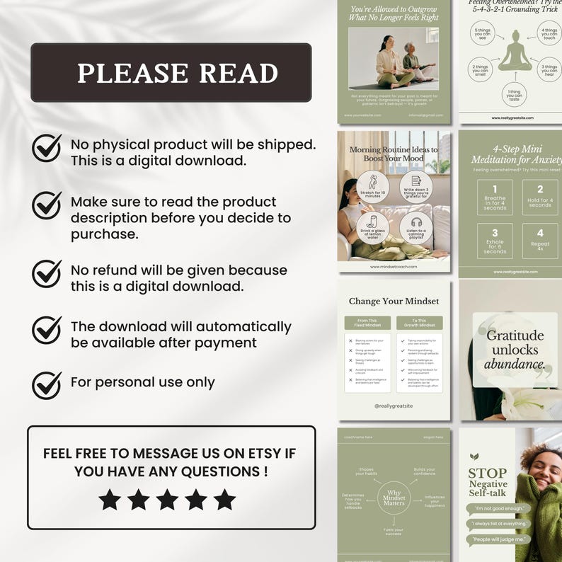 May include: A digital download product with a green and white color scheme. The text "PLEASE READ" is at the top of the image. The image includes a checklist with five checkmarks and text describing the product as a digital download. The image also includes several smaller images with text about mindfulness, meditation, and gratitude.
