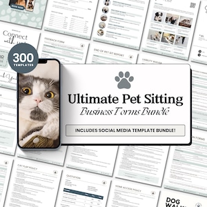 Può includere: Un collage di immagini che mostrano un pacchetto di 300 moduli di attività di pet sitting stampabili. I moduli includono una liberatoria di responsabilità, una politica per la gattaiola, una politica di accesso a casa, un modulo di preventivo e un rapporto di fine servizio di pet sitting. Il testo "Ultimate Pet Sitting Business Forms Bundle" è visualizzato in caratteri grandi e grassetto. Il testo "Includes Social Media Template Bundle!" è anche visualizzato in caratteri grassetto.