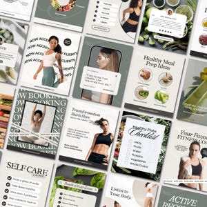 Peut inclure: Une collection de modèles pour réseaux sociaux dédiés au fitness et au bien-être, présentant diverses mises en page avec du texte comme Healthy Meal Prep Ideas, Transformation Starts Here et Self Care Checklist, avec des images de personnes.