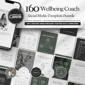 K&ouml;nnte beinhalten: &Auml;sthetisches und minimalistisches Social-Media-Vorlagenpaket f&uuml;r einen Wellbeing-Coach. Das Paket enth&auml;lt 160 Instagram-Posts, Stories und Highlight-Cover. Das Design verwendet ein dunkelgr&uuml;nes und wei&szlig;es Farbschema mit Wellness-Grafiken.