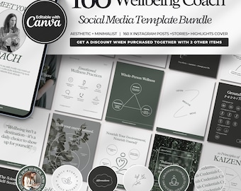 Può includere: Pacchetto di modelli di social media estetici e minimalisti per un coach del benessere. Include 160 post, storie e copertine di highlights di Instagram. Il design utilizza una combinazione di colori verde scuro e bianco con grafica benessere.