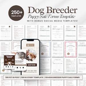 Formulieren voor serviceovereenkomst hondenfokkers, sjablonen voor starterskit puppyfokkers, formulieren voor verkoop en adoptie puppy's, werpkaarten/-verslagen honden, Canva