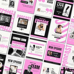 Può includere: Una raccolta di grafiche promozionali per podcast rosa e nere. I design presentano immagini di persone, titoli di podcast e testo come "Nuovo episodio", "Podcast Live" e "Prossimamente". Le grafiche riguardano affari online e argomenti sanitari.