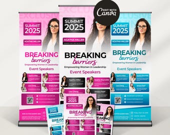 Puede incluir: Tres diseños de pancartas rosas y azules para una cumbre llamada "Breaking Barriers: Empowering Women in Leadership". Las pancartas presentan el nombre de la cumbre, la fecha y una lista de oradoras. Las pancartas están diseñadas para ser utilizadas para una conferencia o evento empresarial.