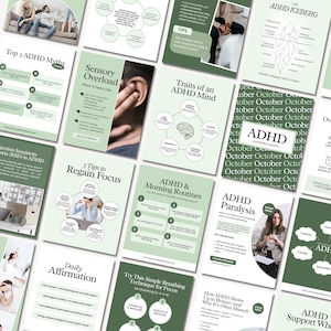 Può includere: Una raccolta di infografiche informative su sfondo verde chiaro. Gli argomenti includono miti sull'ADHD, sovraccarico sensoriale e routine mattutine. Il testo "ADHD Awareness Month" è visibile.
