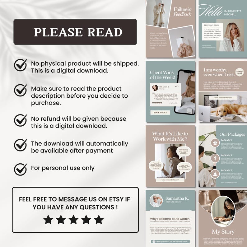 May include: A digital download product listing with a dark gray banner that reads "PLEASE READ". The listing includes information about the product, such as it being a digital download, no refunds, and for personal use only. The listing also includes the text "FEEL FREE TO MESSAGE US ON ETSY IF YOU HAVE ANY QUESTIONS!"