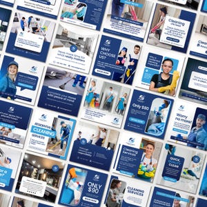 Editable cleaning business Instagram templates featuring residential and commercial cleaning service posts, house cleaning promotions, price lists, flyers, and professional social media designs for cleaning companies.