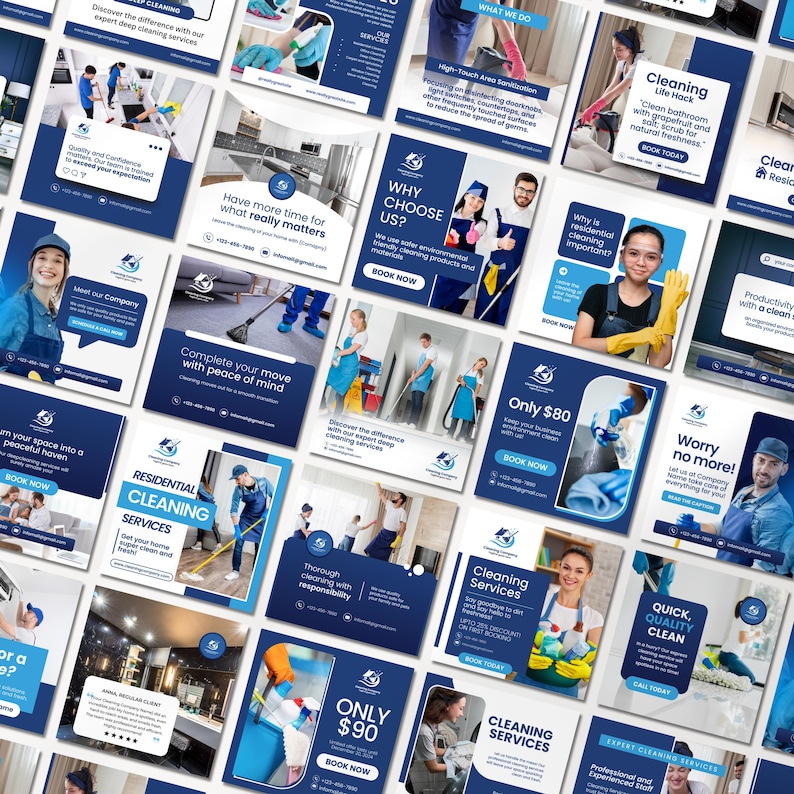 Editable cleaning business Instagram templates featuring residential and commercial cleaning service posts, house cleaning promotions, price lists, flyers, and professional social media designs for cleaning companies.