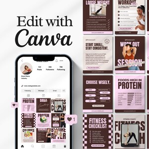Editable fitness Instagram templates featuring nutrition tips, personal trainer posts, workout content, health coaching, and wellness designs for fitness coaches, trainers, and health professionals.