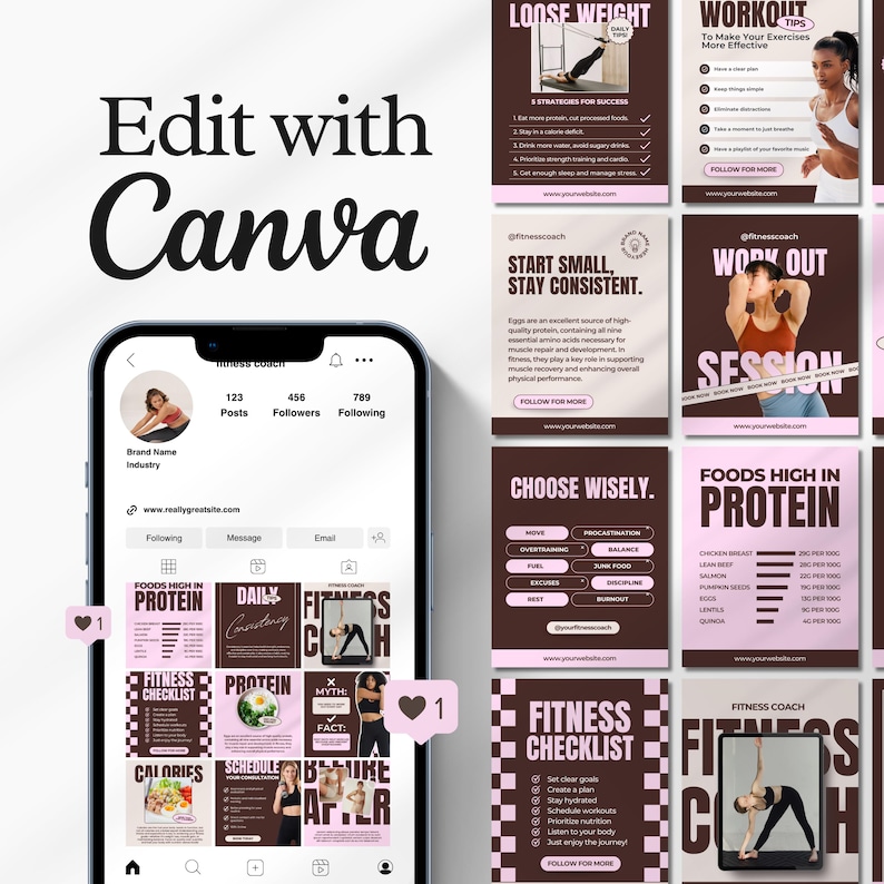 Editable fitness Instagram templates featuring nutrition tips, personal trainer posts, workout content, health coaching, and wellness designs for fitness coaches, trainers, and health professionals.