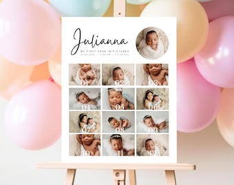 Cartello minimalista per il primo compleanno, poster stampabile per il primo anno del bambino, cartello modificabile per il primo anno, modello per collage fotografico,