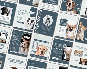 May include: A collection of promotional materials for a pet shop, featuring various dog breeds. The materials include blog posts, informational cards, and advertisements with text like "International Dog Day" and "Our Puppy Care Promise."