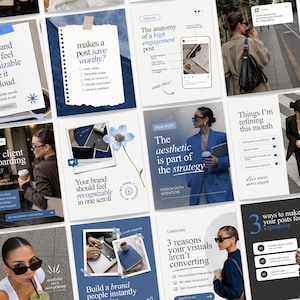 Op de afbeelding: Een digitale collage van social media graphics met educatieve inhoud over merkstrategie. De lay-out bevat tekstoverlays, fotografie van personen in professionele kleding en iconen, allemaal gepresenteerd in een samenhangend blauw en wit kleurenpalet.