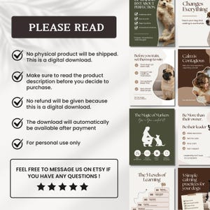May include: A digital download guide for dog training featuring multiple informational cards with text and imagery. The cards include titles like 'The Magic of Markers', 'The 5 Levels of Learning', and 'Calm is Contagious', alongside checklists and photos of dogs.