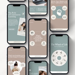 Editable life coach Instagram templates featuring mindset content, coaching posts, story designs, social media branding, and professional Canva layouts for coaches, therapists, and bloggers.