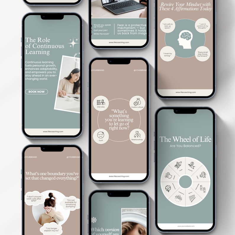 Editable life coach Instagram templates featuring mindset content, coaching posts, story designs, social media branding, and professional Canva layouts for coaches, therapists, and bloggers.