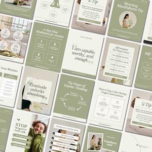 May include: A collection of green and white motivational posters with text such as "Gratitude unlocks abundance", "The Power of Positive Thinking", "Stop Negative Self-Talk", "Morning Routine Ideas to Boost Your Mood", "4-Step Mini Meditation for Anxiety", "Daily Mantra", "Affirmations for Hard Days", "How to Stay Calm During Tough Conversations", "Morning Mindfulness Tip", "Checklist for a Healthy Mind", and "Transform Your Mindset".