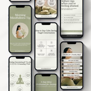 May include: A set of nine green and white phone screen graphics with tips for self-care, mindfulness, and managing anxiety. The graphics feature text such as "Morning Mindfulness Tip", "How to Stay Calm During Tough Conversations", "Selfcare tips when you're feeling drained", "Checklist for a Healthy Mind", "Feeling Overwhelmed? Try the 5-4-3-2-1 Grounding Trick", and "4-Step Mini Meditation for Anxiety".