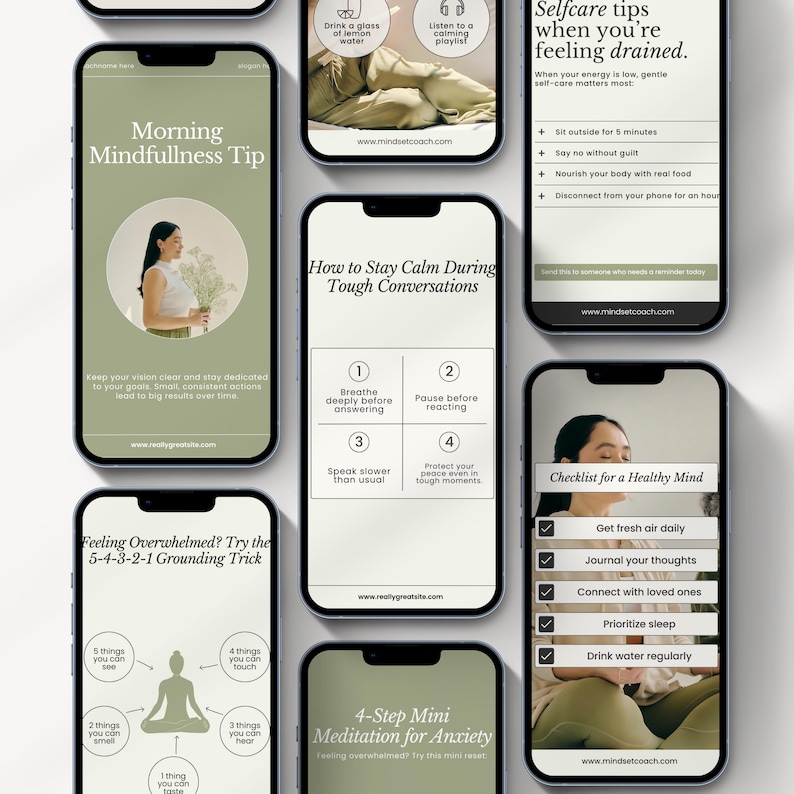 May include: A set of nine green and white phone screen graphics with tips for self-care, mindfulness, and managing anxiety. The graphics feature text such as "Morning Mindfulness Tip", "How to Stay Calm During Tough Conversations", "Selfcare tips when you're feeling drained", "Checklist for a Healthy Mind", "Feeling Overwhelmed? Try the 5-4-3-2-1 Grounding Trick", and "4-Step Mini Meditation for Anxiety".