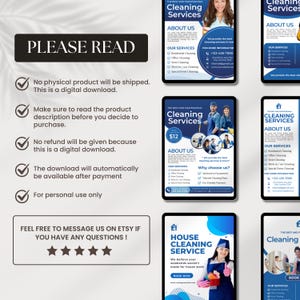 Editable cleaning business flyer template featuring residential and commercial cleaning services, professional company details, promotional offers, and a printable brochure design for cleaners and small businesses.