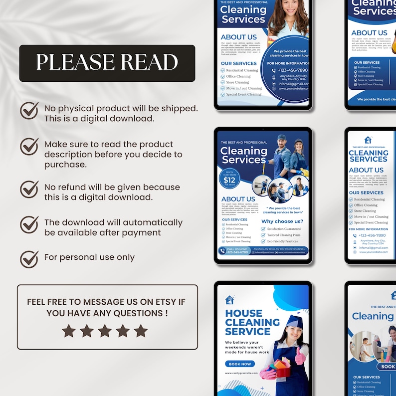 Editable cleaning business flyer template featuring residential and commercial cleaning services, professional company details, promotional offers, and a printable brochure design for cleaners and small businesses.