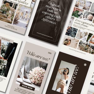 May include: A collage of images promoting a wedding photography studio. The images feature a couple, a bouquet of flowers, a bride and groom, and a photographer taking a picture. The text on the images reads "A great marriage is built on enjoying each other's differences." and "Love captured in every frame".