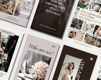 May include: A collage of images promoting a wedding photography studio. The images feature a couple, a bouquet of flowers, a bride and groom, and a photographer taking a picture. The text on the images reads "A great marriage is built on enjoying each other's differences." and "Love captured in every frame".