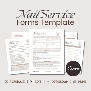 May include: A set of three printable forms for nail services. The forms include a consent form, a consultation form, and a treatment record. The forms are designed in a minimalist style with a brown and white color scheme.