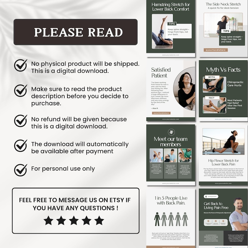 Editable chiropractic Instagram templates featuring chiropractor posts, clinic content, holistic health tips, chiropractic branding, educational carousels, and professional social media designs for chiropractic clinics and wellness practices.