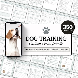 May include: A collection of 350 dog training business forms. The image features a smartphone showing a dog catching a treat, a paw print, and the text "DOG TRAINING Business Forms Bundle". Certificates and training forms are also visible.