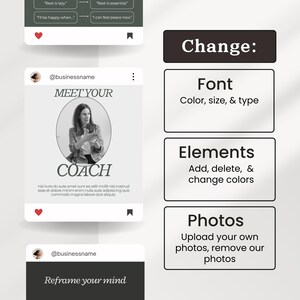 K&ouml;nnte beinhalten: Eine digitale Marketinggrafik mit dem Text "Change: Font, Elements, Photos". Die Grafik enth&auml;lt auch Social-Media-Posts mit dem Text "Meet Your Coach" und "Reframe your mind".