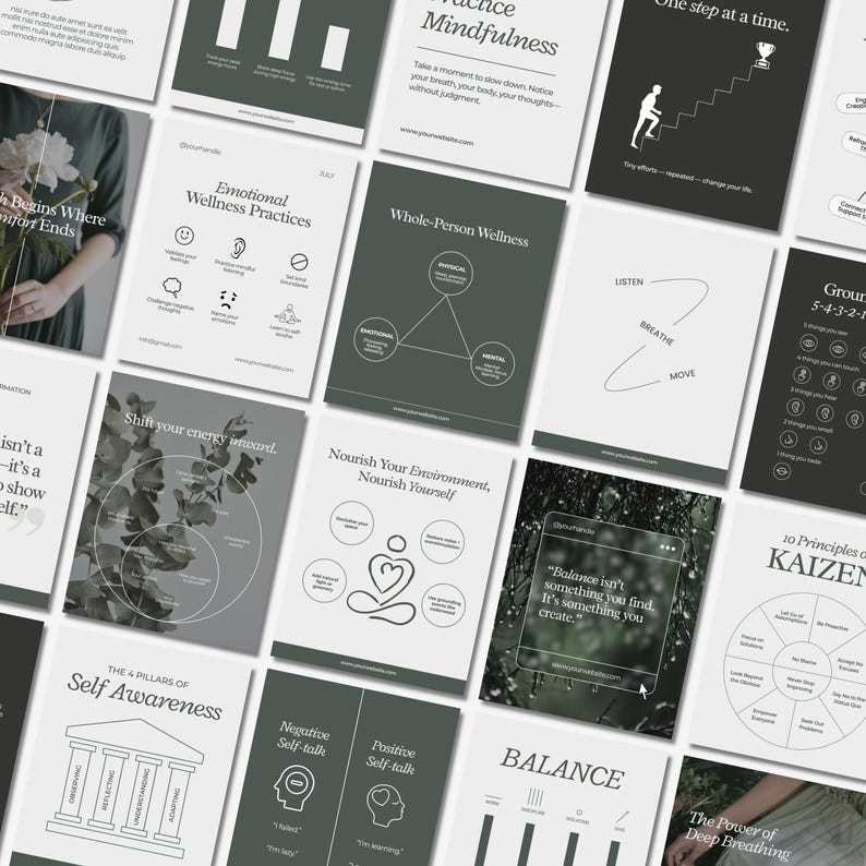 K&ouml;nnte beinhalten: Eine Sammlung wei&szlig;er und dunkelgr&uuml;ner Informationskarten mit Text und Grafiken. Themen sind emotionales Wohlbefinden, Achtsamkeit und Selbstbewusstsein. Die Karten haben minimalistische Designs und sind auf hellem Hintergrund angeordnet.
