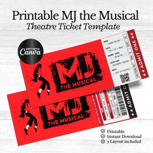 May include: Two red printable theatre ticket templates for "MJ the Musical." Each ticket features the show's logo in black, a silhouette of a dancer, and details like date, time, and location. The tickets are labelled "Admit One."