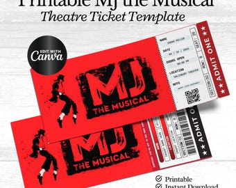 Printable MJ The Musical Theatre Ticket | Personalized Gift Reveal | Editable West End / Broadway Souvenir Keepsake | Instant Download Canva