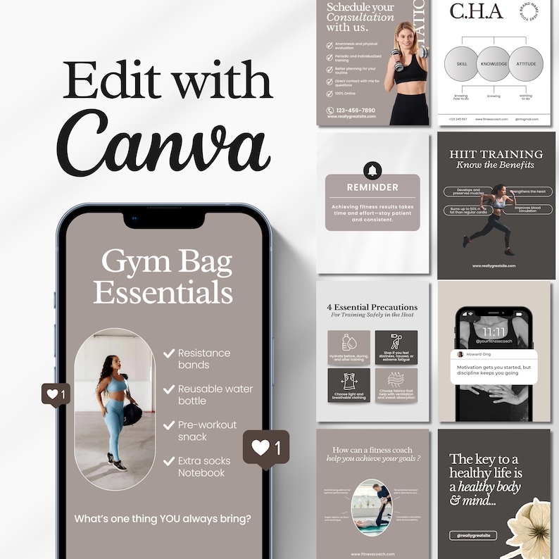 Editable fitness Instagram templates for personal trainers, wellness coaches, health coaches, and fitness instructors, featuring gym posts, carousel designs, fitness branding, and professional social media content.