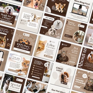 Puede incluir: Una colección de publicaciones en redes sociales para una tienda de mascotas, con perros y gatos. Las publicaciones tienen un esquema de color marrón y blanco e incluyen texto como "Pet Shop", "Feline Favorites" y "Special Discount".