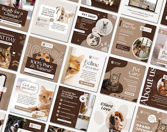 May include: A collection of social media posts for a pet shop, featuring dogs and cats. The posts have a brown and white color scheme and include text such as "Pet Shop", "Feline Favorites", and "Special Discount".