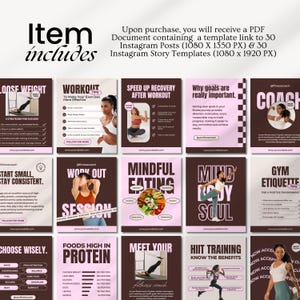 Editable fitness Instagram templates featuring nutrition tips, personal trainer posts, workout content, health coaching, and wellness designs for fitness coaches, trainers, and health professionals.