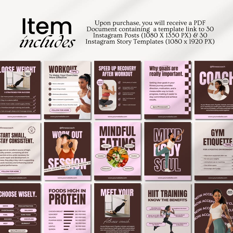 Editable fitness Instagram templates featuring nutrition tips, personal trainer posts, workout content, health coaching, and wellness designs for fitness coaches, trainers, and health professionals.