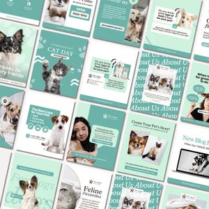 May include: A collection of social media posts with a teal and white color scheme, featuring images of dogs, cats, and people. The posts promote pet grooming services, food, and accessories. Some posts include text like "International Cat Day" and "Create Your Pet's Story!"
