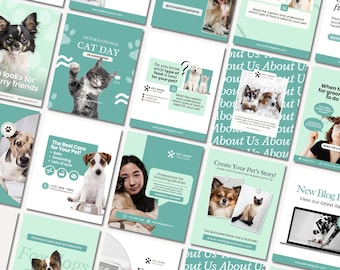 May include: A collection of social media posts with a teal and white color scheme, featuring images of dogs, cats, and people. The posts promote pet grooming services, food, and accessories. Some posts include text like "International Cat Day" and "Create Your Pet's Story!"