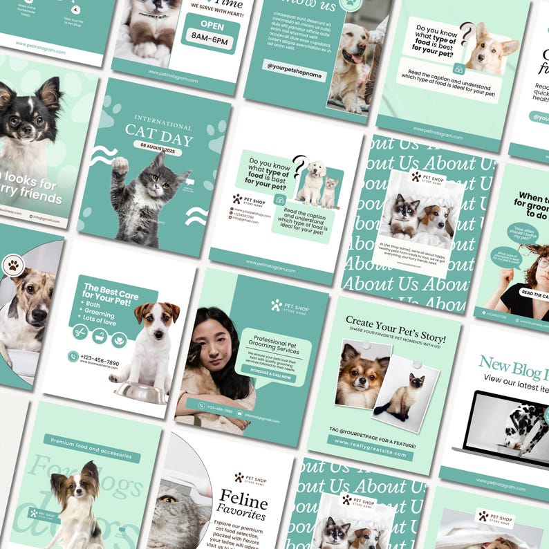 Editable pet care Instagram templates for veterinarians, pet shops, grooming businesses, and dog walkers, featuring cat and pet posts, UGC content, Canva designs, and dog walking templates.