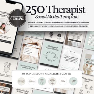 Op de afbeelding: Een digitale collectie van 250 social media sjablonen voor therapeuten met diverse lay-outs en teksten over mentale gezondheid, positief denken en zelfzorg. De set bevat Instagram-ontwerpen, story-sjablonen en 50 bonus story highlight covers.