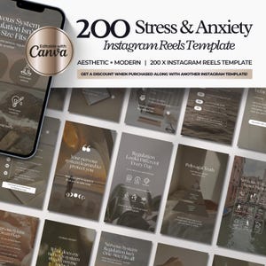 Pode incluir: Uma coleção digital de 200 modelos de Instagram Reels sobre estresse e ansiedade, com uma paleta de cores neutras, tipografia serifada e ícones minimalistas. A exibição inclui um mockup de smartphone e vários layouts de slides.