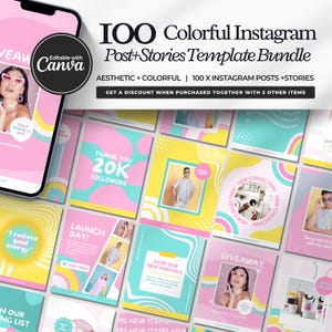 May include: Aesthetic and colourful Instagram post and stories template bundle. The image shows a phone with a pink background and a woman wearing sunglasses. The bundle includes 100 templates with various designs, including pink, yellow, and blue backgrounds.