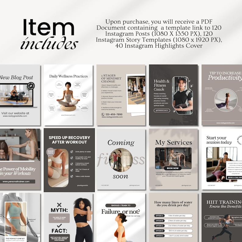 Editable fitness Instagram templates for personal trainers, wellness coaches, health coaches, and fitness instructors, featuring gym posts, carousel designs, fitness branding, and professional social media content.