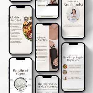 May include: A collection of smartphone screens displaying nutrition and wellness information. Topics include salad recipes, hydration tips, meal prepping, and the benefits of yogurt. The screens feature text and images related to healthy eating and lifestyle.