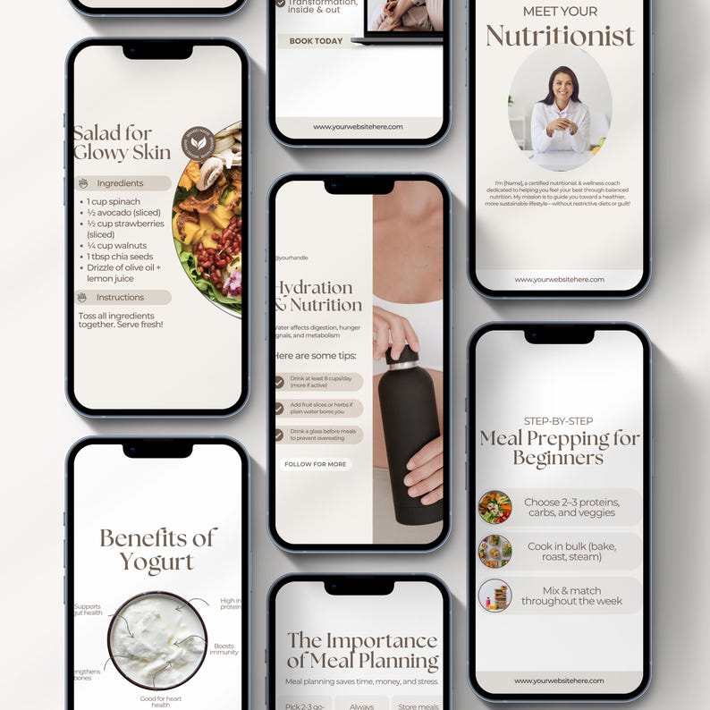 May include: A collection of smartphone screens displaying nutrition and wellness information. Topics include salad recipes, hydration tips, meal prepping, and the benefits of yogurt. The screens feature text and images related to healthy eating and lifestyle.